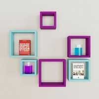 Desi Karigar Wall Mount Shelves Square Shape Set of 6 Wall Shelves - Purple & Sky Blue