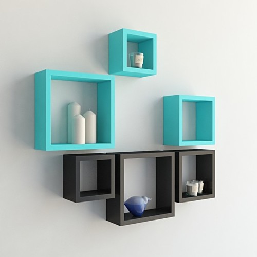 Desi Karigar Wall Mount Shelves Square Shape Set of 6 Wall Shelves - Black And Sky Blue