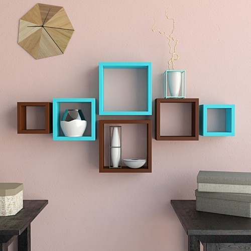 Desi Karigar Wall Mount Shelves Square Shape Set of 6 Wall Shelves - Brown And Sky Blue