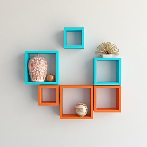Desi Karigar Wall Mount Shelves Square Shape Set of 6 Wall Shelves Orange And Sky Blue