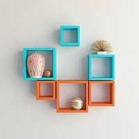 Desi Karigar Wall Mount Shelves Square Shape Set of 6 Wall Shelves - Orange & Sky Blue
