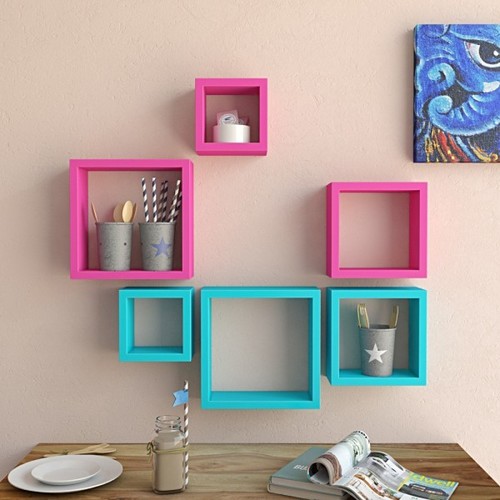Desi Karigar Wall Mount Shelves Square Shape Set of 6 Wall Shelves - Pink And Sky Blue