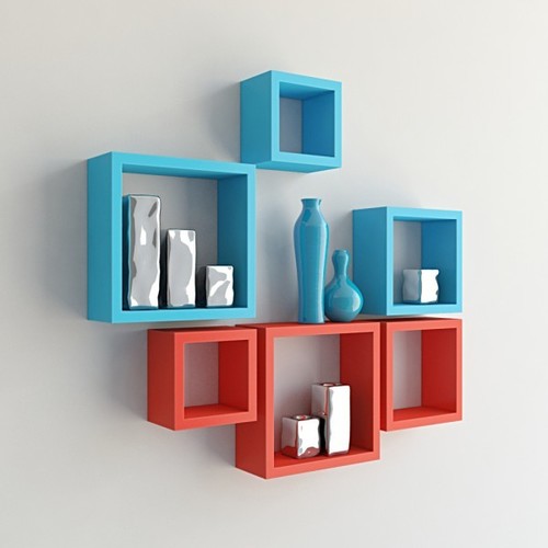 Desi Karigar Wall Mount Shelves Square Shape Set of 6 Wall Shelves - Red And Sky Blue