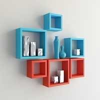 Desi Karigar Wall Mount Shelves Square Shape Set of 6 Wall Shelves - Red & Sky Blue