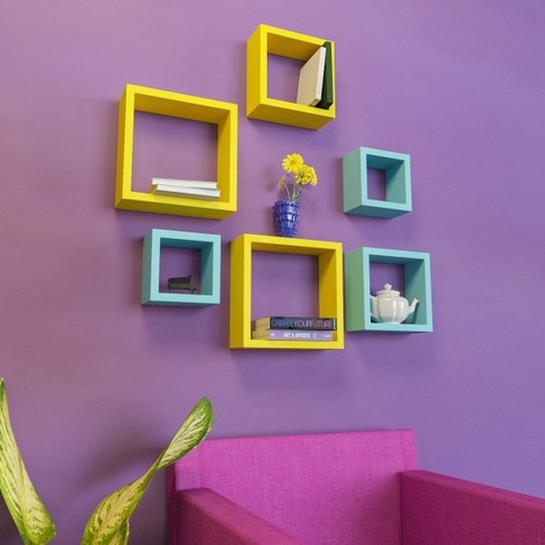 Desi Karigar Wall Mount Shelves Square Shape Set of 6 Wall Shelves - Yellow And Sky Blue