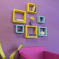 Desi Karigar Wall Mount Shelves Square Shape Set of 6 Wall Shelves - Yellow & Sky Blue