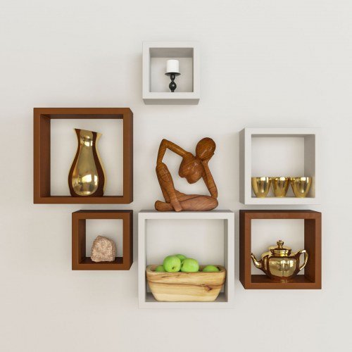 Desi Karigar Wall Mount Shelves Square Shape Set of 6 Wall Shelves - Brown And White