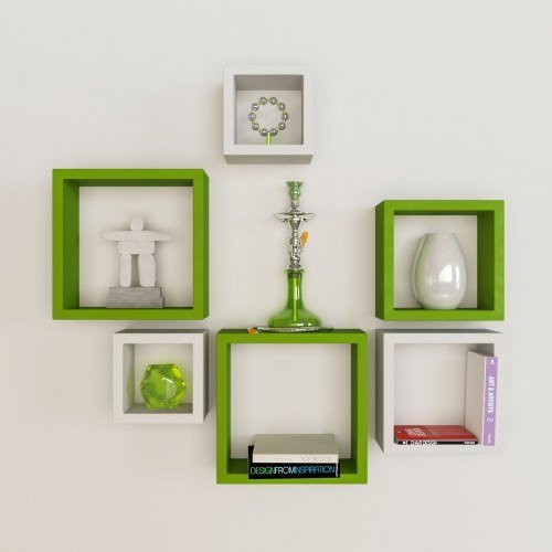 Desi Karigar Wall Mount Shelves Square Shape Set of 6 Wall Shelves - Green And White