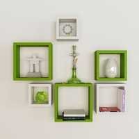 Desi Karigar Wall Mount Shelves Square Shape Set of 6 Wall Shelves - Green & White