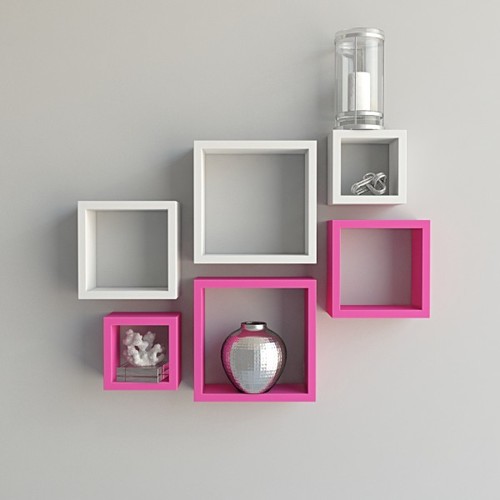Desi Karigar Wall Mount Shelves Square Shape Set of 6 Wall Shelves Pink And White