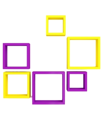 Desi Karigar Wall Mount Shelves Square Shape Set of 6 Wall Shelves - Yellow And Purple