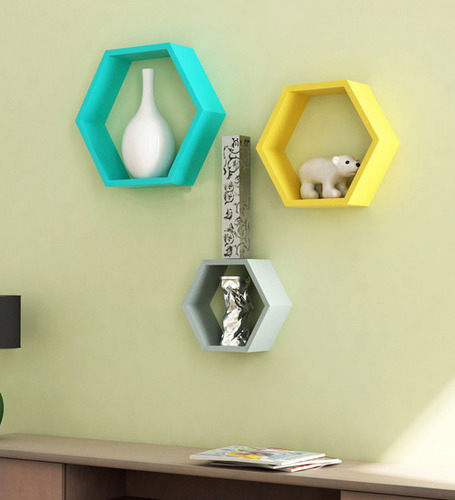 Desi Karigar Wall Mount Shelves Hexagon Shape Set of 3 (Yellow Sky Blue And White)