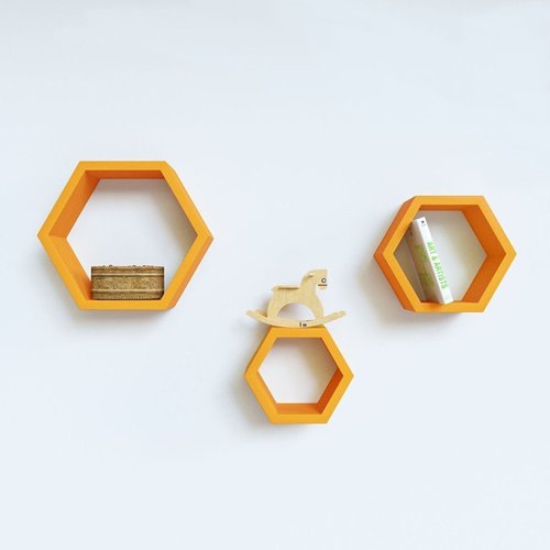 Desi Karigar Wall Mount Shelves Hexagon Shape Set of 3 Orange Wall Shelves