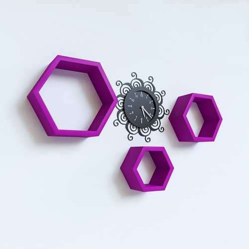Desi Karigar Wall Mount Shelves Hexagon Shape Set of 3 Purple Wall Shelves