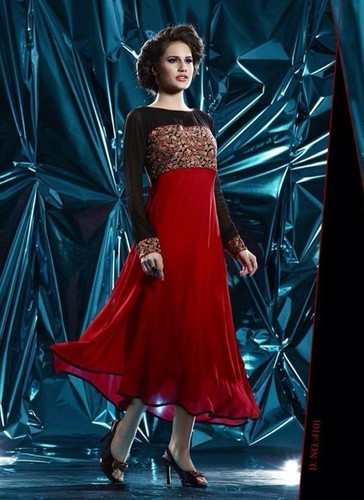 Georgette Anarkali Kurti - Pure Red and Black, Full Sleeve Fancy Ethnic Wear | Quick Dry, Washable, Embroidered Design for Casual and Party Use