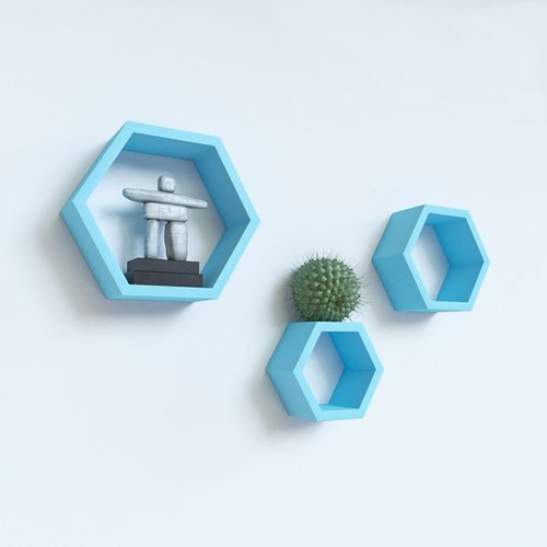 Desi Karigar Wall Mount Shelves Hexagon Shape Set of 3 Sky Blue Wall Shelves