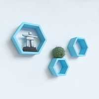 Desi Karigar Wall Mount Shelves Hexagon Shape Set of 3 Sky Blue Wall Shelves