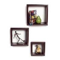 Desi Karigar Wall Mount Shelves Square Shape Set of 3 Brown Wall Shelves