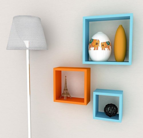 Desi Karigar Wall Mount Shelves Square Shape Set of 3 Wall Shelves Orange And Sky Blue