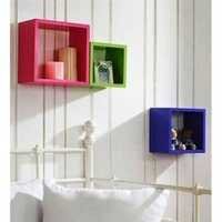 Desi Karigar Wall Mount Shelves Square Shape Set of 3 Wall Shelves: Pink, Green & Sky Blue