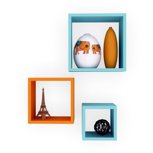 Desi Karigar Wall Mount Shelves Square Shape Set of 3 Wall Shelves Sky Blue And Orange