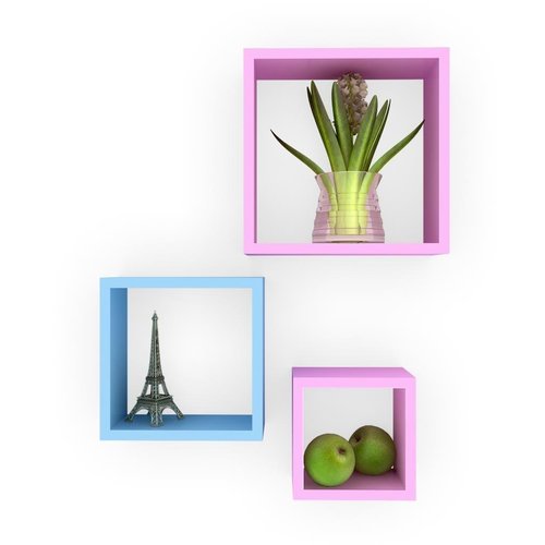 Desi Karigar Wall Mount Shelves Square Shape Set of 3 Wall Shelves Sky Blue And Pink