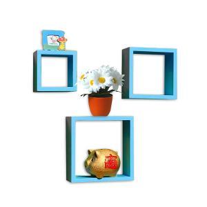 Desi Karigar Wall Mount Shelves Square Shape Set of 3 Sky Blue Wall Shelves