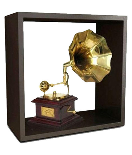 Desi Karigar Gold and Brown Wood & Brass Wall Shelf with Gramophone