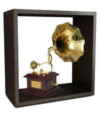 Desi Karigar Gold and Brown Wood & Brass Wall Shelf with Gramophone