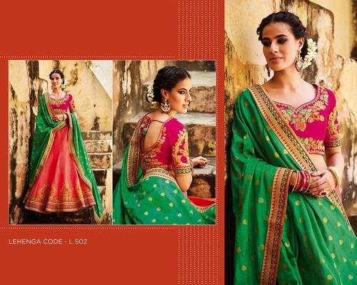 Silk Buy Peach & Green Lehanga Online