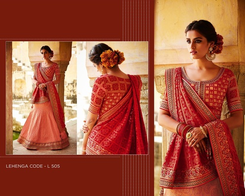 Peach Silk Jacquard Bridal Lehanga - Heavy Embroidery, Zari Work, Fully Worked Blouse with Customizable Size 34-46