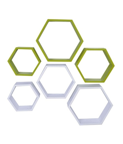 Desi Karigar Wall Mount Shelves Hexagon Shape Set of 6 Wall Shelves White And Green