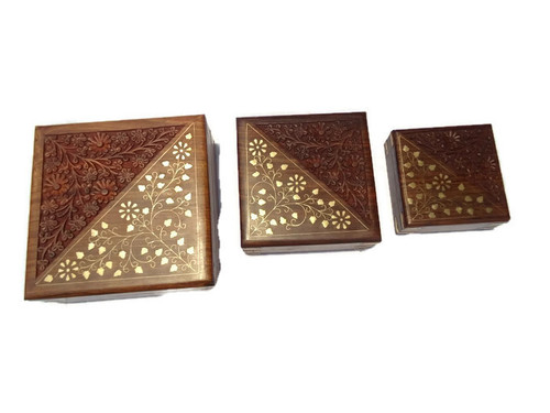 Desi Karigar Set Of Three Square shaped jewellery boxes with brass and carved work