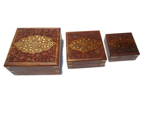 Desi Karigar Set Of Three Square shaped jewellery boxes with beautifull brass and carved work