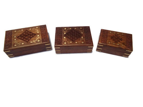 Handmade Desi Karigar Set Of Three Carved, Brass And Jali Work Jewellery Boxes