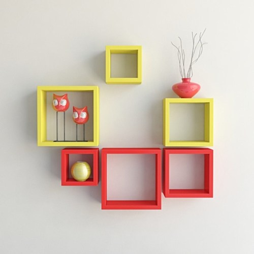 Desi Karigar Wall Mount Shelves Square Shape Set of 6 Wall Shelves - Red And Yellow