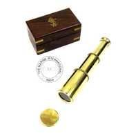 Brass Pullout Telescope W/Lens Cap & Engraved Wooden Box