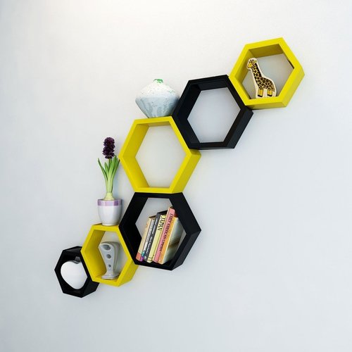 Desi Karigar Wall Mount Shelves Hexagon Shape Set of 6 Wall Shelves Yellow And Black
