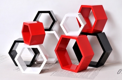 Desi Karigar Wall Mount Shelves Hexagon Shape Set of 9 Wall Shelves - Red White And Black
