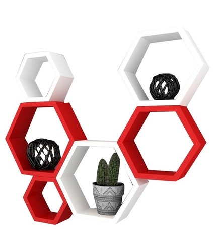 Desi Karigar Wall Mount Shelves Hexagon Shape Set of 6 Wall Shelves - Red And White