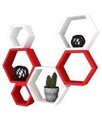Desi Karigar Wall Mount Shelves Hexagon Shape Set of 6 Wall Shelves - Red & White