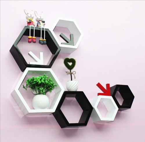 Desi Karigar Wall Mount Shelves Hexagon Shape Set of 6 Wall Shelves White And Black