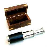 Chrome Spyglass Telescope With Wooden Box