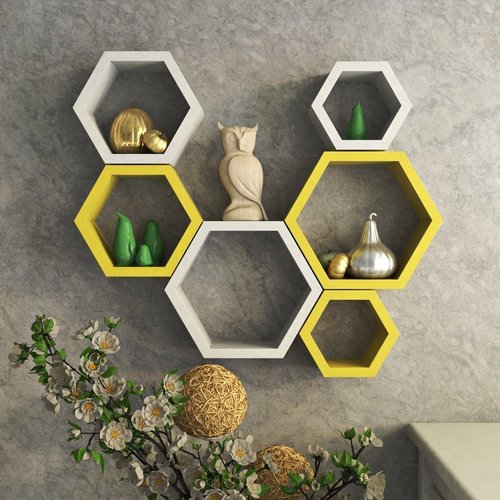 Desi Karigar Wall Mount Shelves Hexagon Shape Set of 6 Wall Shelves White And Yellow