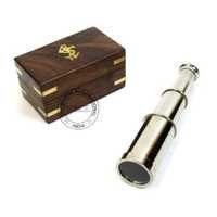 Chrome Full Brass Spyglass Telescope With Wooden Box