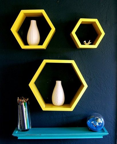 Desi Karigar Wall Mount Shelves Hexagon Shape Set of 3 Yellow Wall Shelves