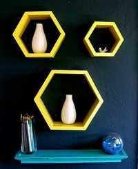 Desi Karigar Wall Mount Shelves Hexagon Shape Set of 3 Yellow Wall Shelves
