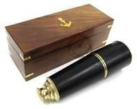 Leather Sheathed Brass Folding Telescope With Wooden Box
