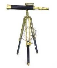 Leather Sheathed Brass Telescope With Spirit Level On Wooden Tripod Stand