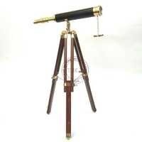 Leather Sheathed Brass Telescope With Wooden Tripod Stand